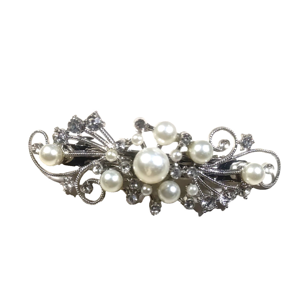 Moon And Stars Hair Barrettes Tension Clip Faux Pearls Rhinestone Silver Tone...